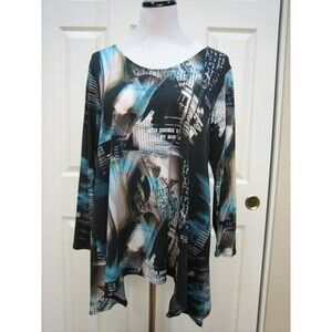 NOBLU V-NECK TURQUOISE AND BROWN PRINT JERSEY TOP/TUNIC SIZE M NEW WITH TAGS